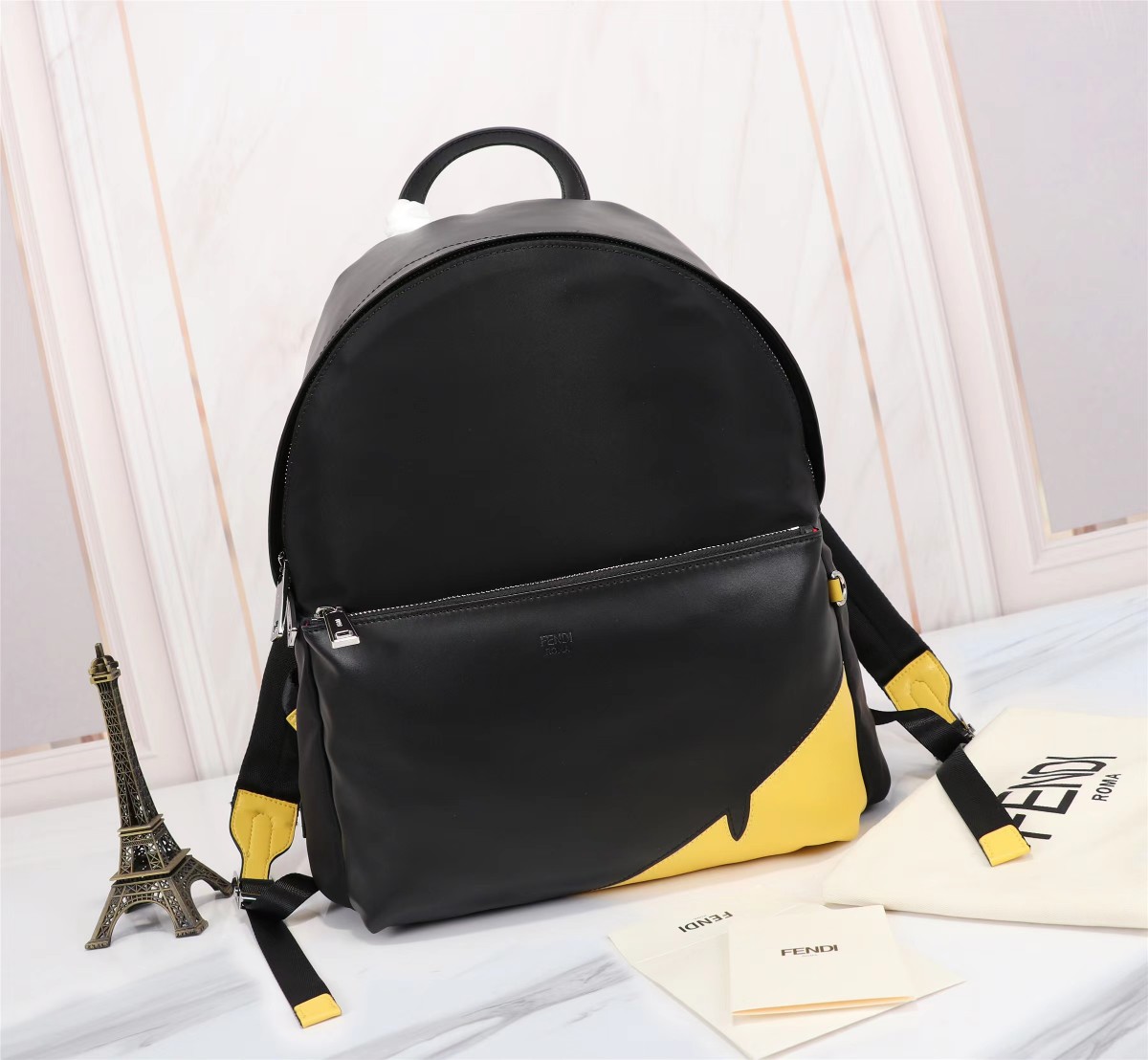 Shop Designer Replica
 Fendi Bags Backpack Unsurpassed Quality
 Black Yellow Splicing Mesh Cloth Nylon Casual