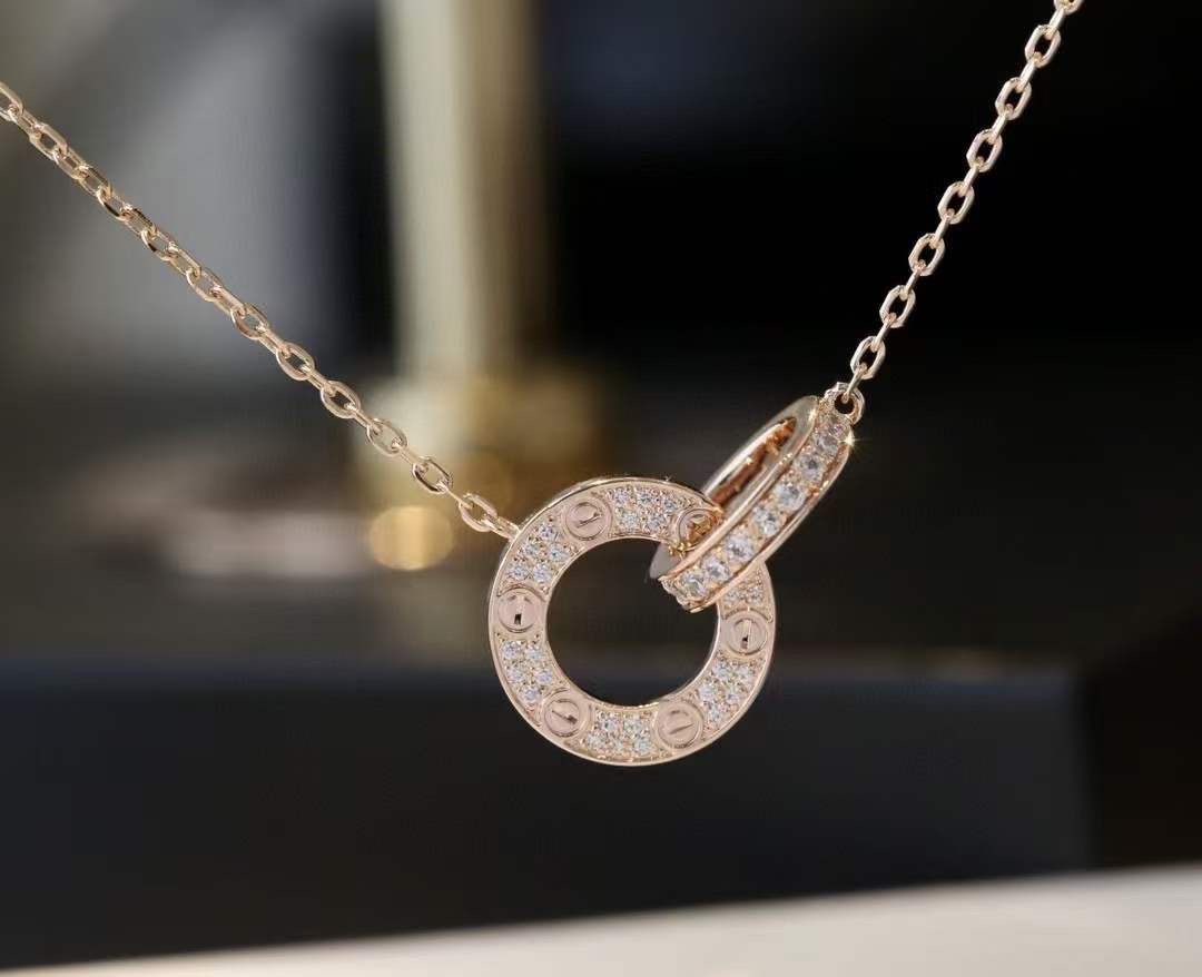 Cartier Cartier 卡地亚 玫瑰金双环满钻圆饼项链