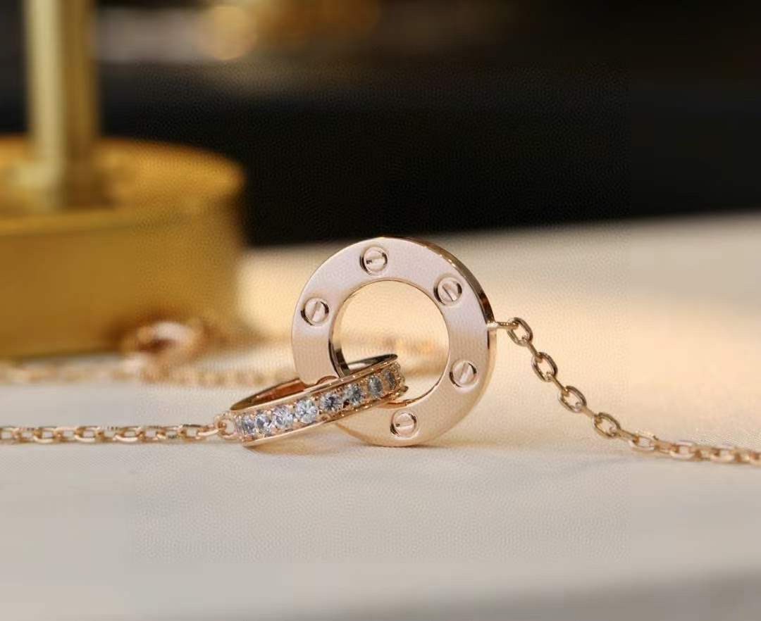 Cartier Cartier 卡地亚 玫瑰金双环满钻圆饼项链