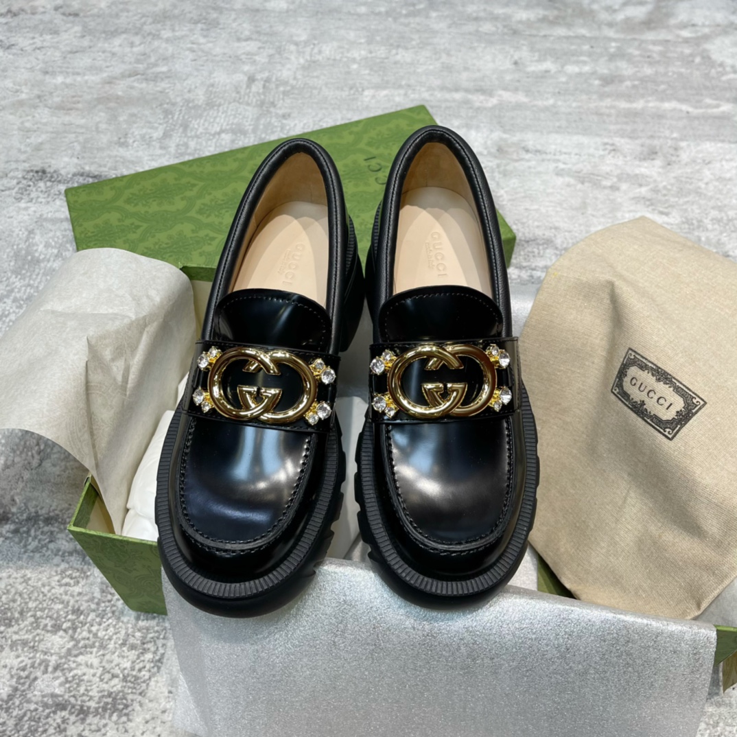 GUCCI 乐福鞋 黑色 牛皮 水钻 双G 厚底