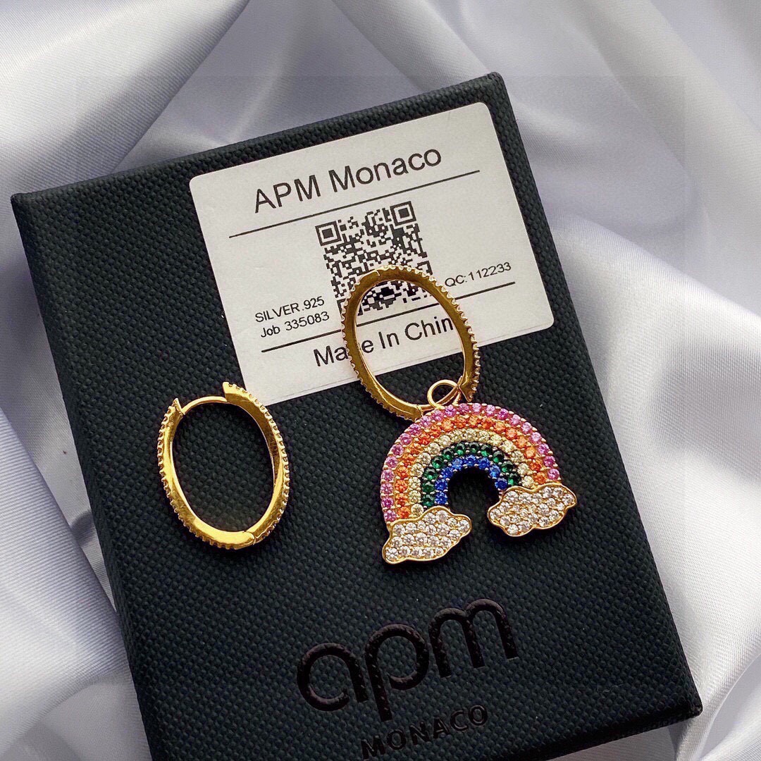 aPm monaco金黄色不对称彩虹🌈耳环 气质时尚耳坠，s925纯银手工微镶晶钻。