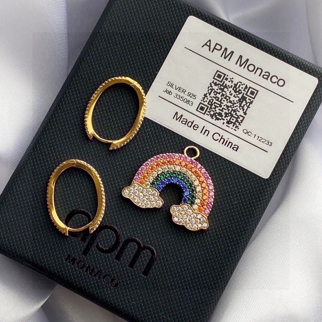 aPm monaco金黄色不对称彩虹🌈耳环 气质时尚耳坠，s925纯银手工微镶晶钻。