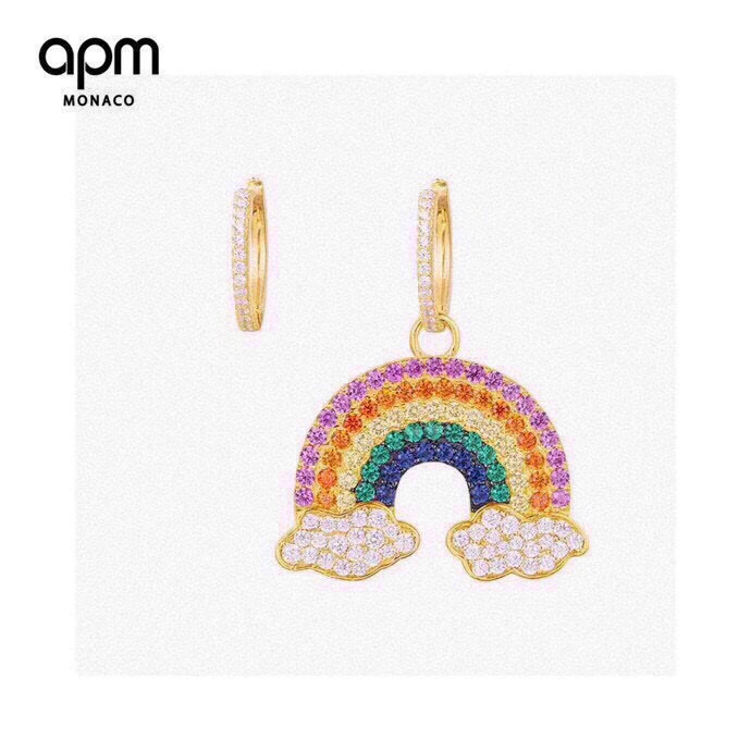 aPm monaco金黄色不对称彩虹🌈耳环 气质时尚耳坠，s925纯银手工微镶晶钻。