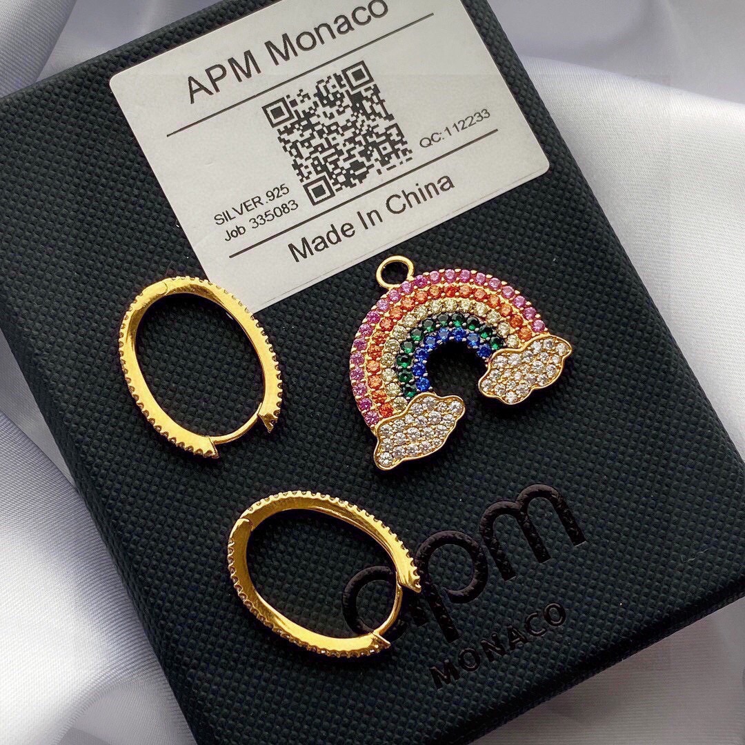 aPm monaco金黄色不对称彩虹🌈耳环 气质时尚耳坠，s925纯银手工微镶晶钻。