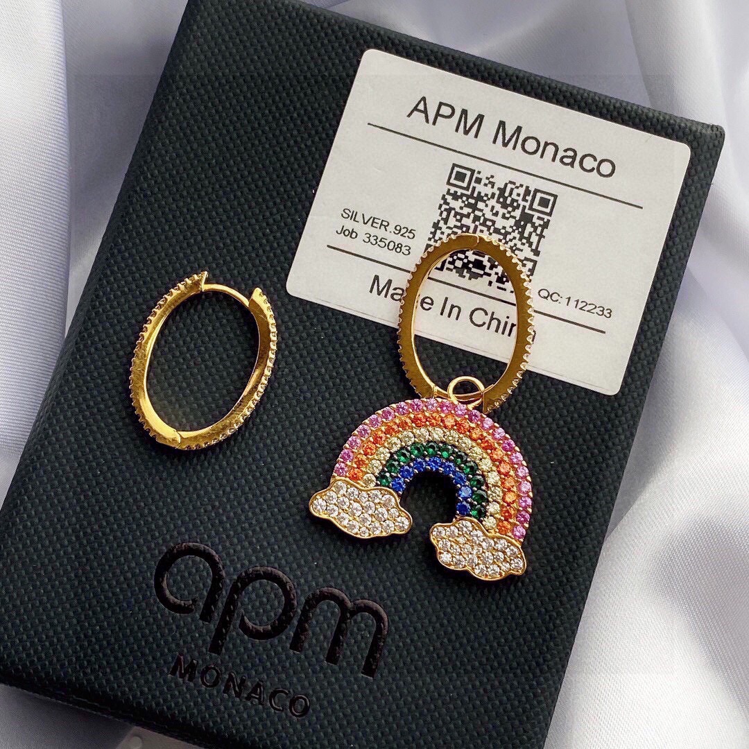aPm monaco金黄色不对称彩虹🌈耳环 气质时尚耳坠，s925纯银手工微镶晶钻。
