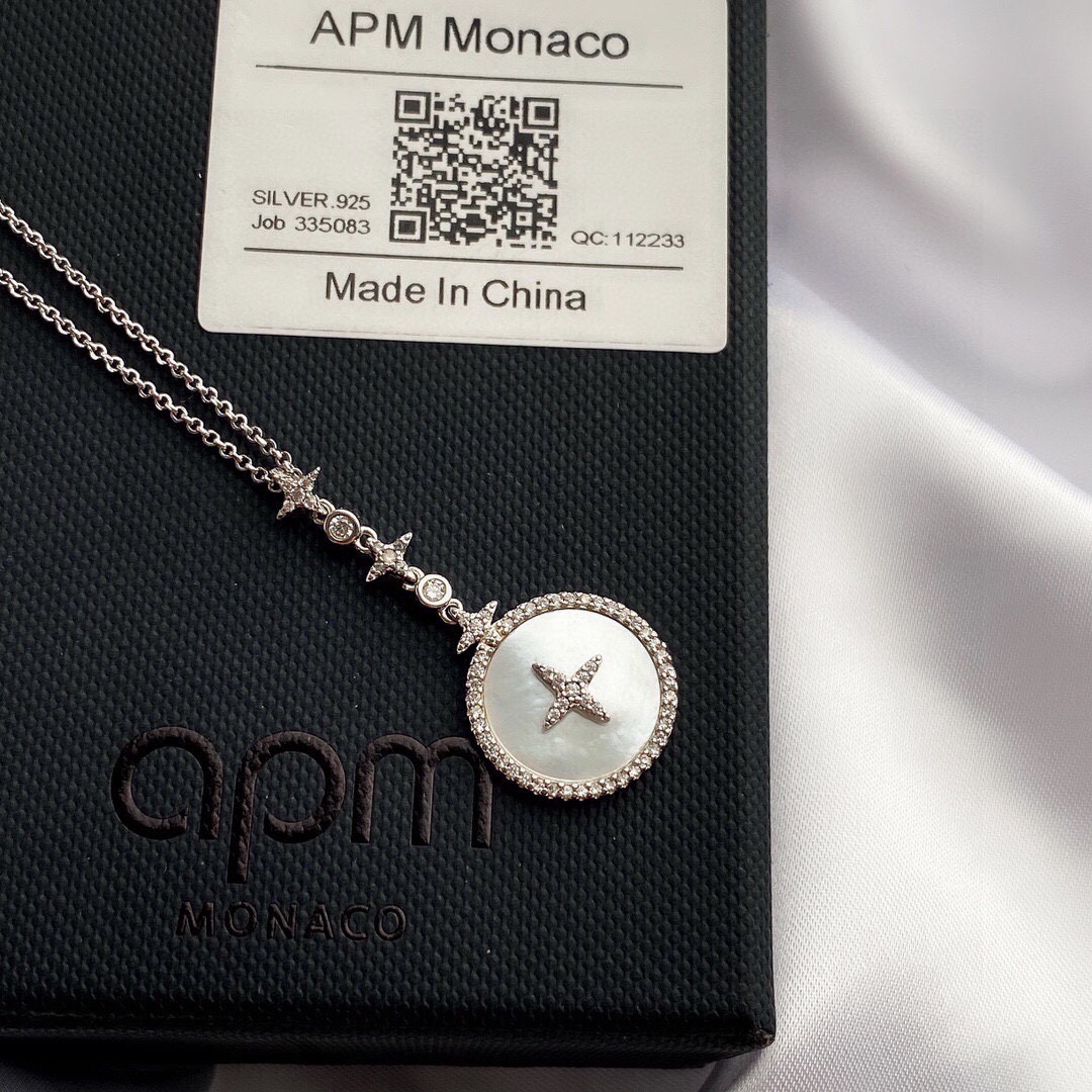 aPm 纯银色镶晶钻星星配白贝艺术项链可调节 链长～65cm 手工微镶晶钻+ 白贝。