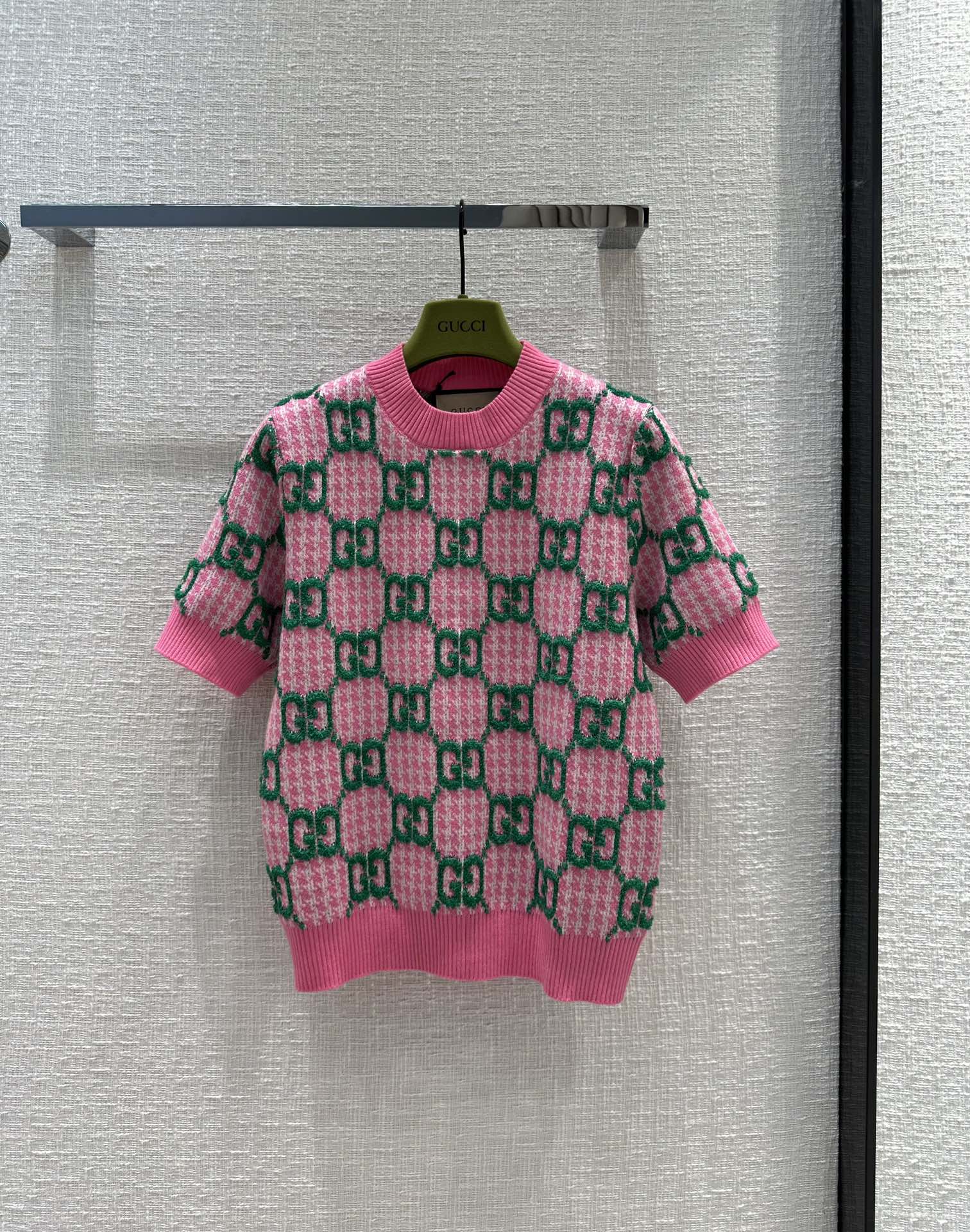 Gucci Odzież Sweter dzianinowy T-Shirt Zielony Różowy Biały Dzianiny Wełna Wiosenna kolekcja Krótki rękaw