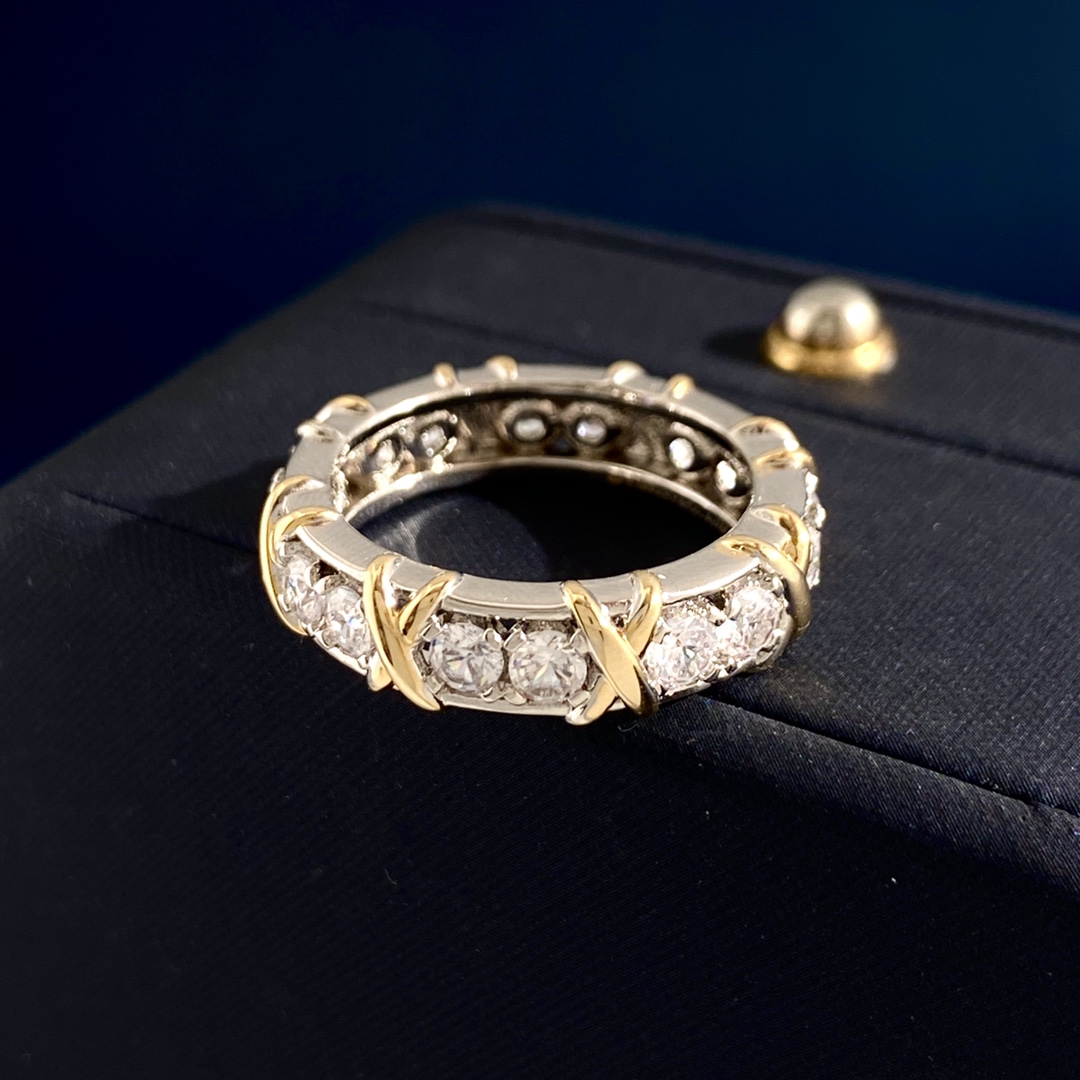 Tiffany Schlumberger Sixteen Stone Ring ring Sterling silver and 18k yellow gold with clear round diamonds 58