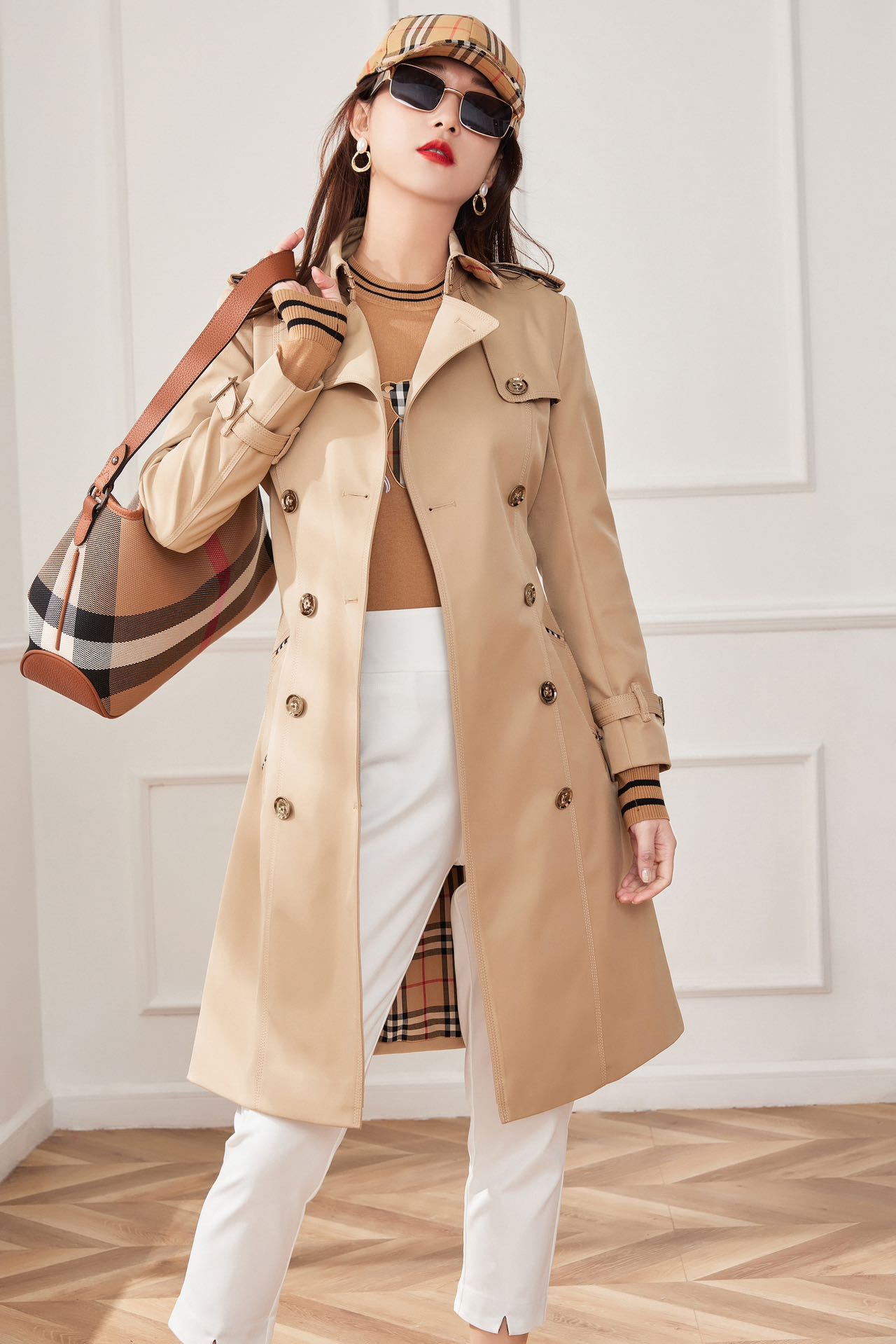Elegant Women's Trench Coat, Classic British Style Double-Breasted Mid-Length