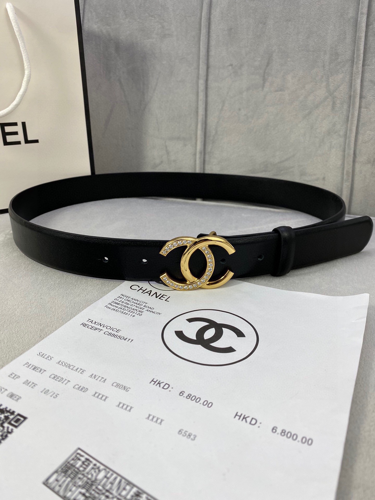 Chanel 经典款平纹牛皮ベルト 幅3.0cm 銀色镶钻钢扣