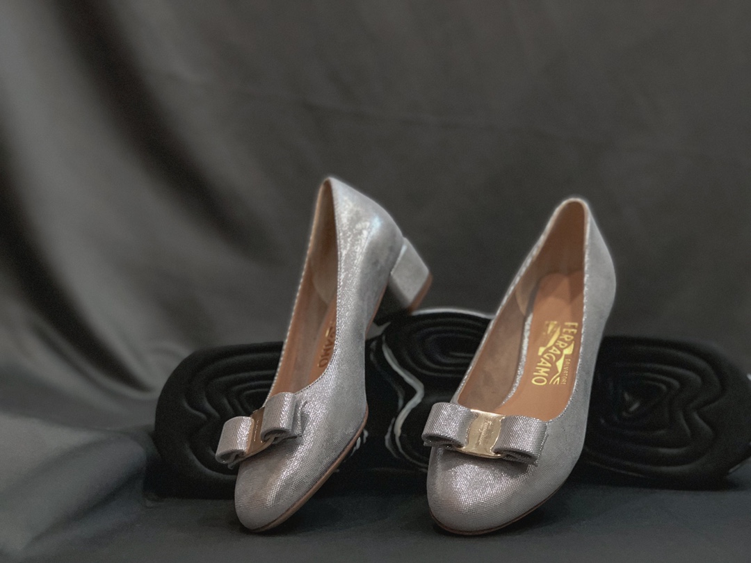Ferragamo Shoes High Heel Pumps Silver Genuine Leather Sheepskin