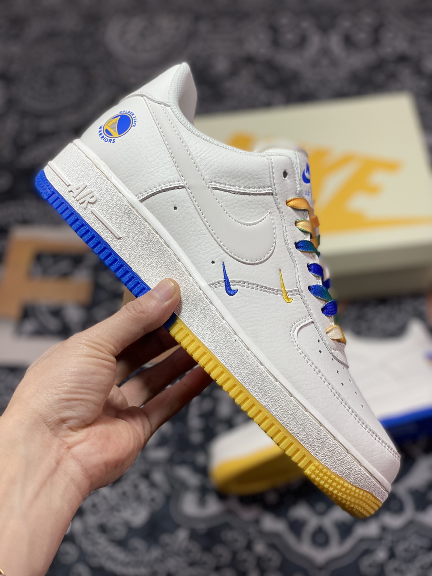 Nike Air Force 1'07 QS Low ”Mitchell & Ness” Air Force One sneakers ”Warrior Beige Purple Yellow Blue Mini Double Hook” GS6638-150