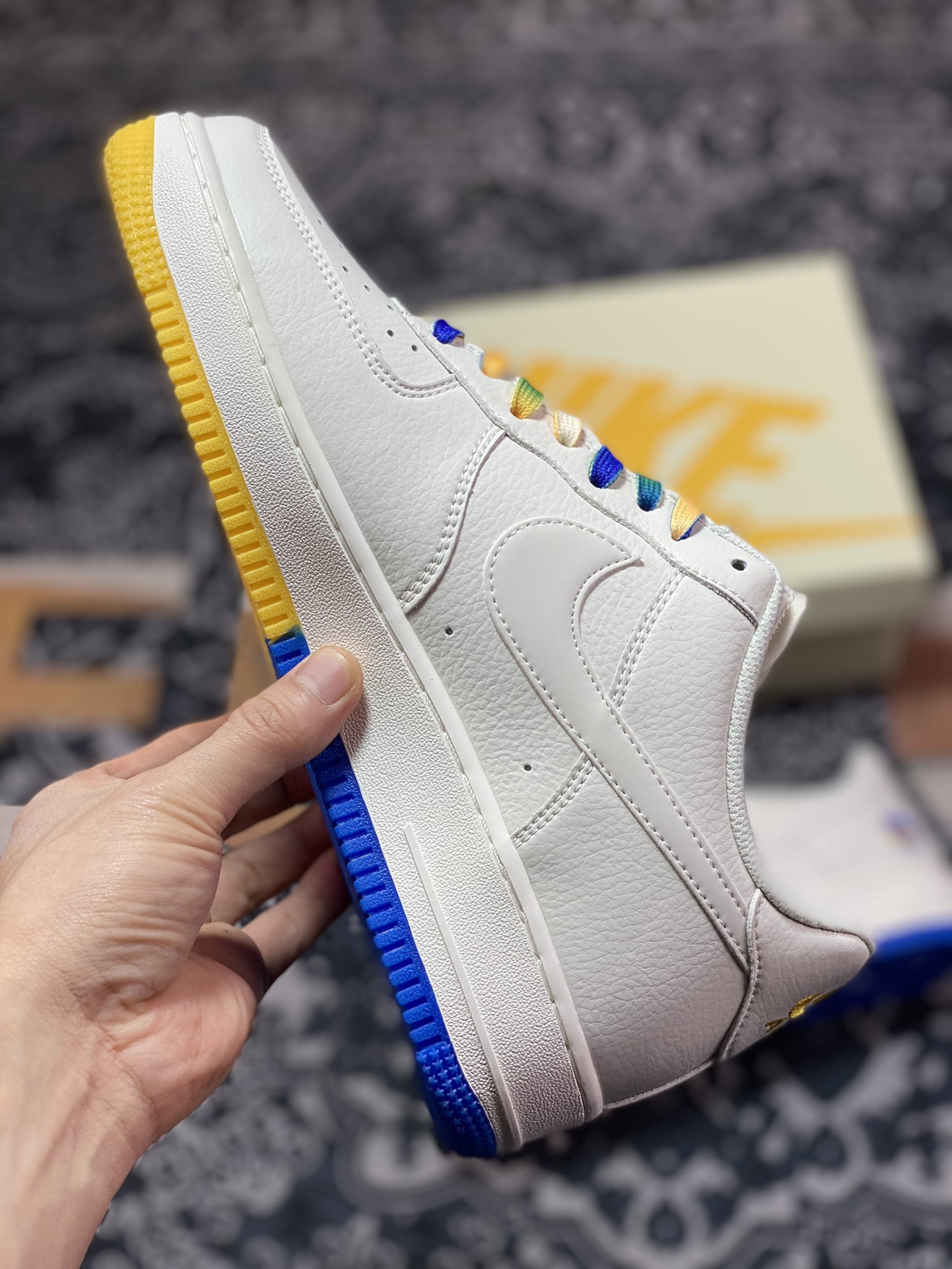 Nike Air Force 1'07 QS Low ”Mitchell & Ness” Air Force One sneakers ”Warrior Beige Purple Yellow Blue Mini Double Hook” GS6638-150