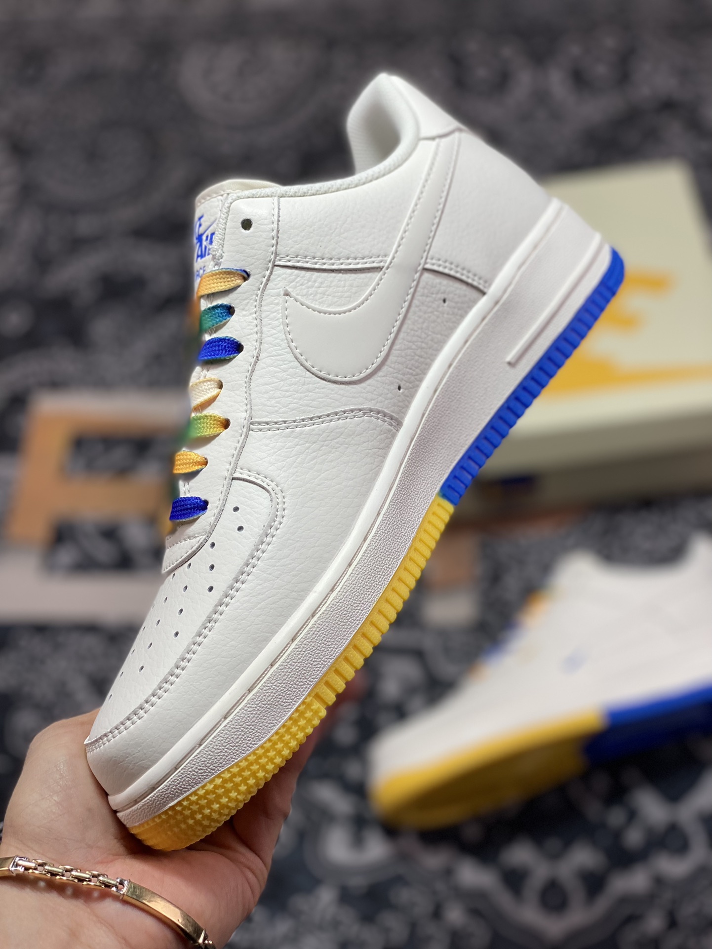 Nike Air Force 1'07 QS Low ”Mitchell & Ness” Air Force One sneakers ”Warrior Beige Purple Yellow Blue Mini Double Hook” GS6638-150