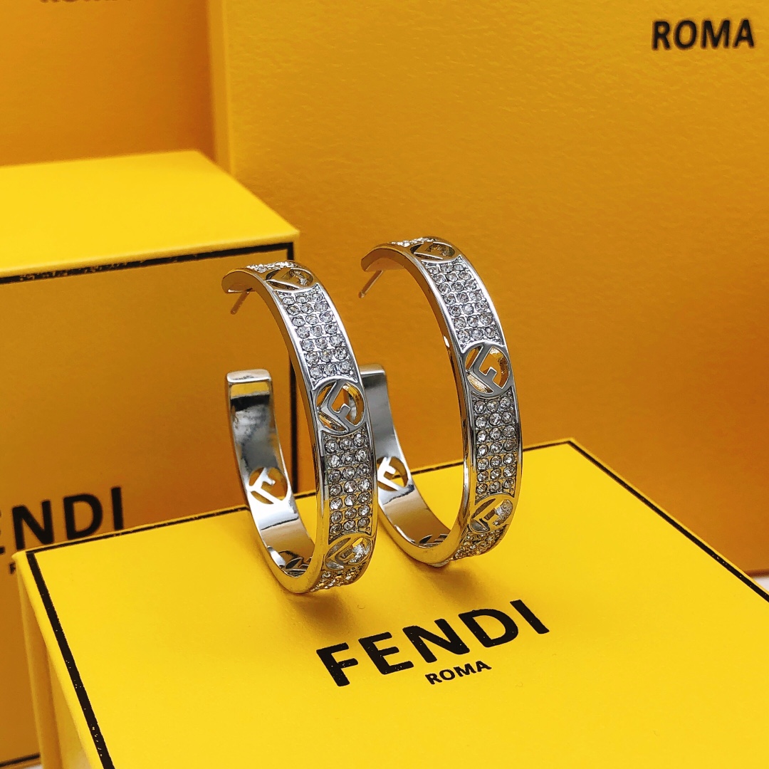 Fendi 芬迪圆形月亮耳环大号镶钻银色