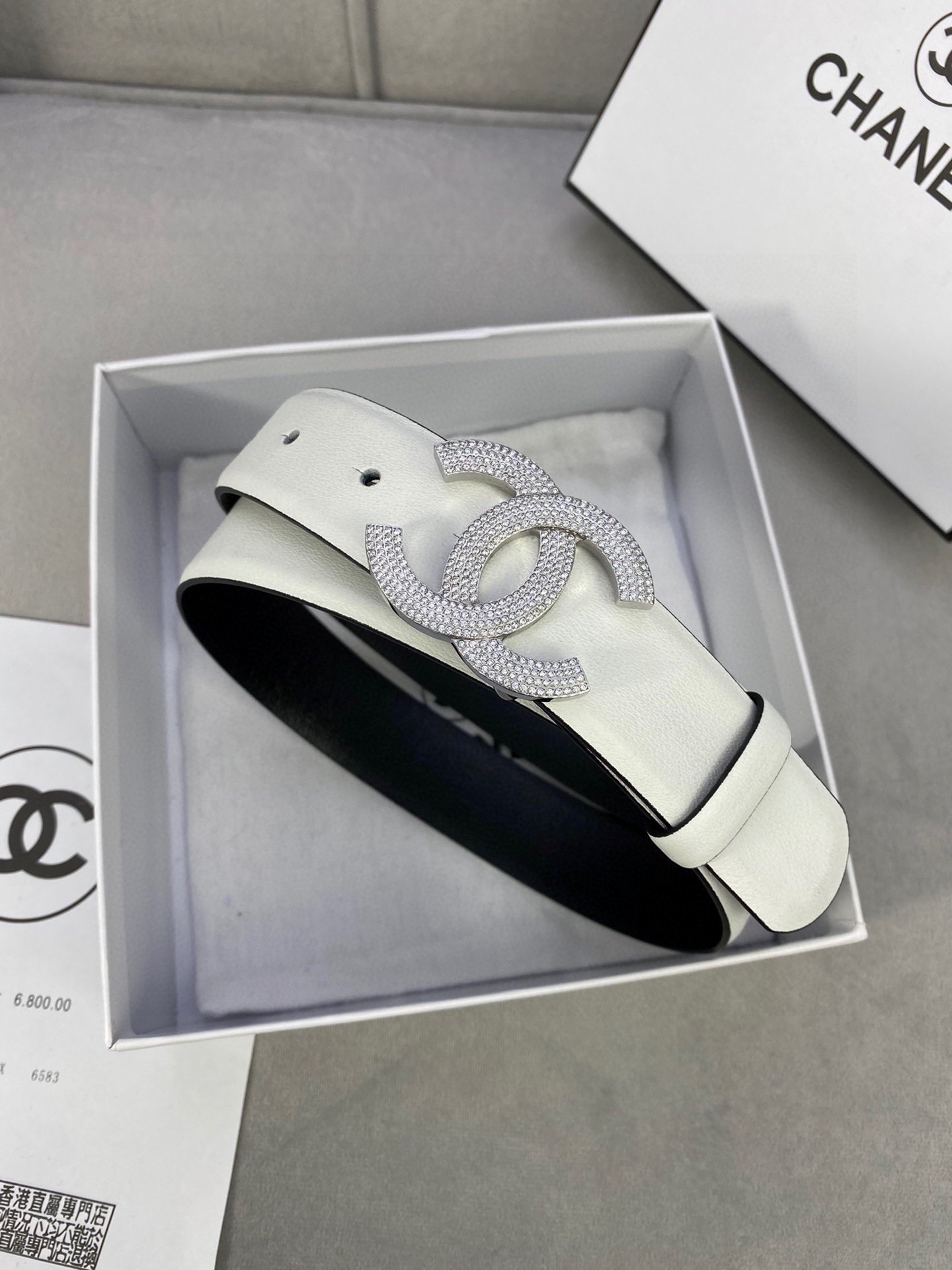  宽度3.0cm Chanel （香奈儿）女士腰带皮带新款柔软进口小牛皮金 银色方钻金属钢扣