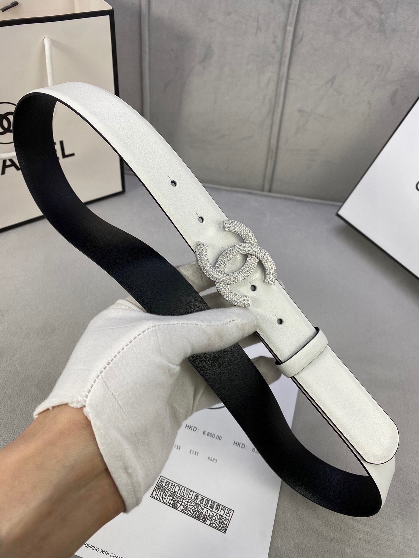  宽度3.0cm Chanel （香奈儿）女士腰带皮带新款柔软进口小牛皮金 银色方钻金属钢扣