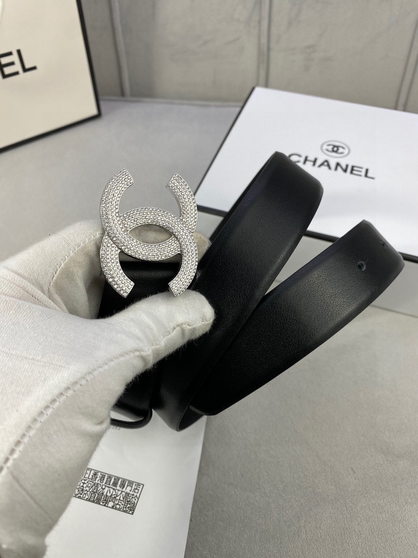  宽度3.0cm Chanel （香奈儿）女士腰带皮带新款柔软进口小牛皮金 银色方钻金属钢扣