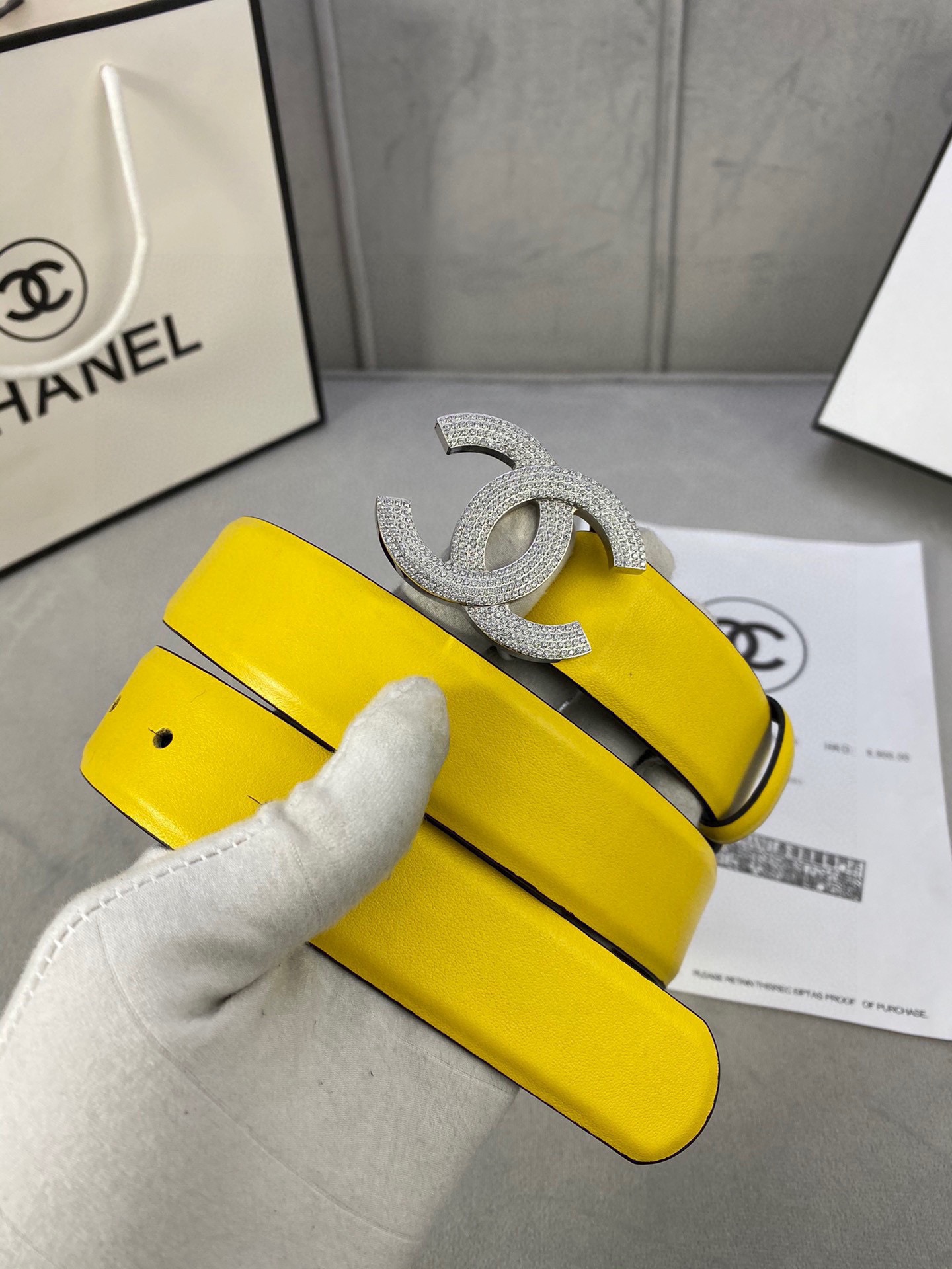  宽度3.0cm Chanel （香奈儿）女士腰带皮带新款柔软进口小牛皮金 银色方钻金属钢扣