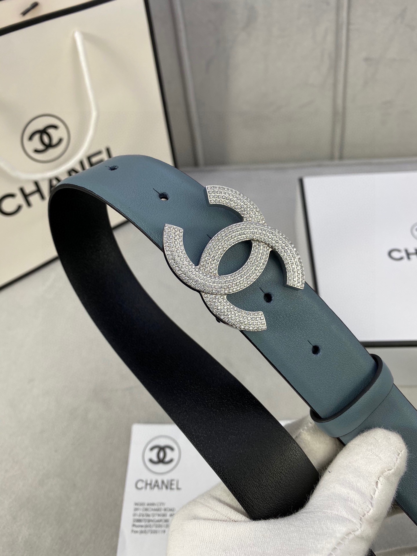  宽度3.0cm Chanel （香奈儿）女士腰带皮带新款柔软进口小牛皮金 银色方钻金属钢扣