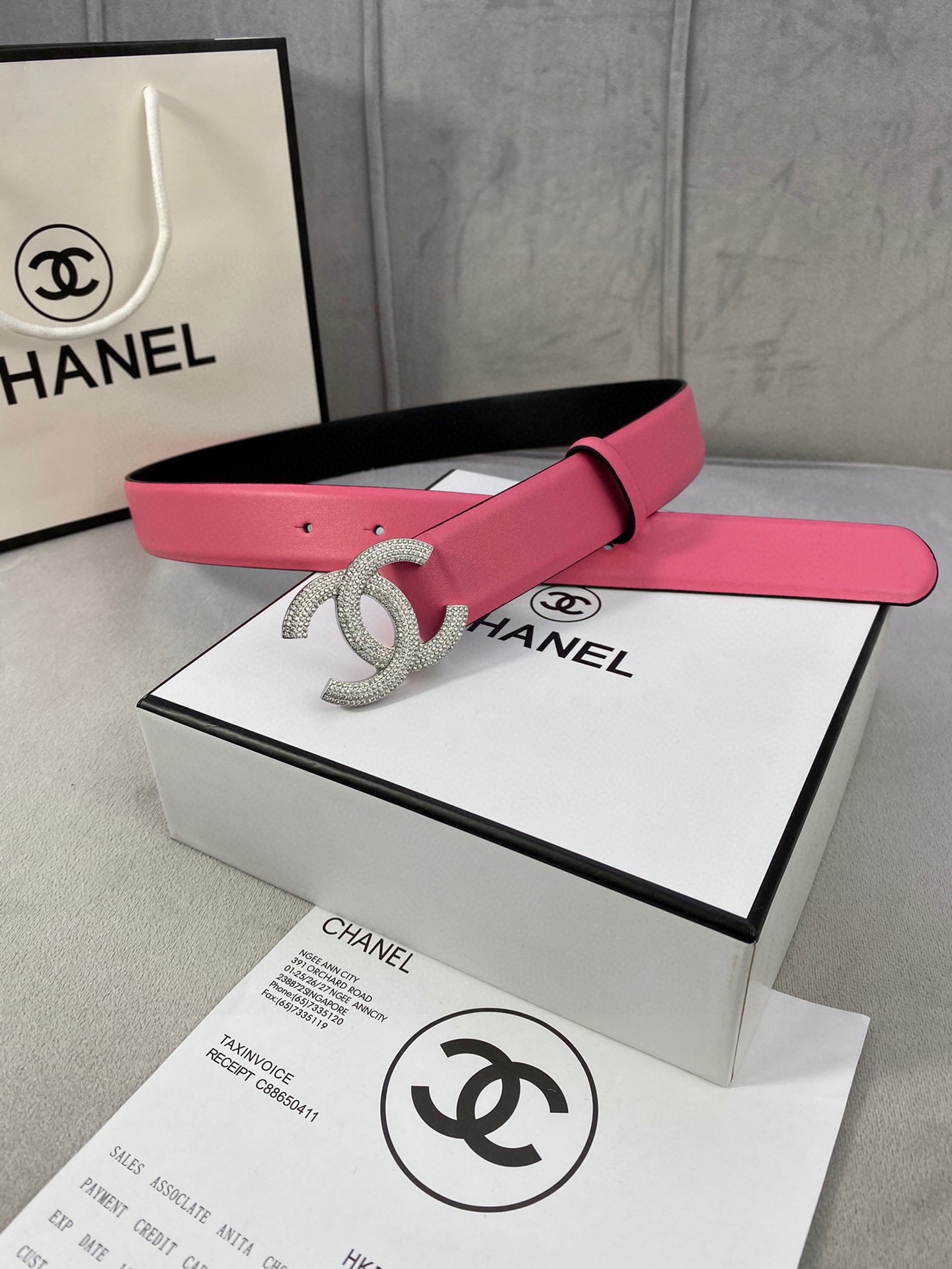  宽度3.0cm Chanel （香奈儿）女士腰带皮带新款柔软进口小牛皮金 银色方钻金属钢扣