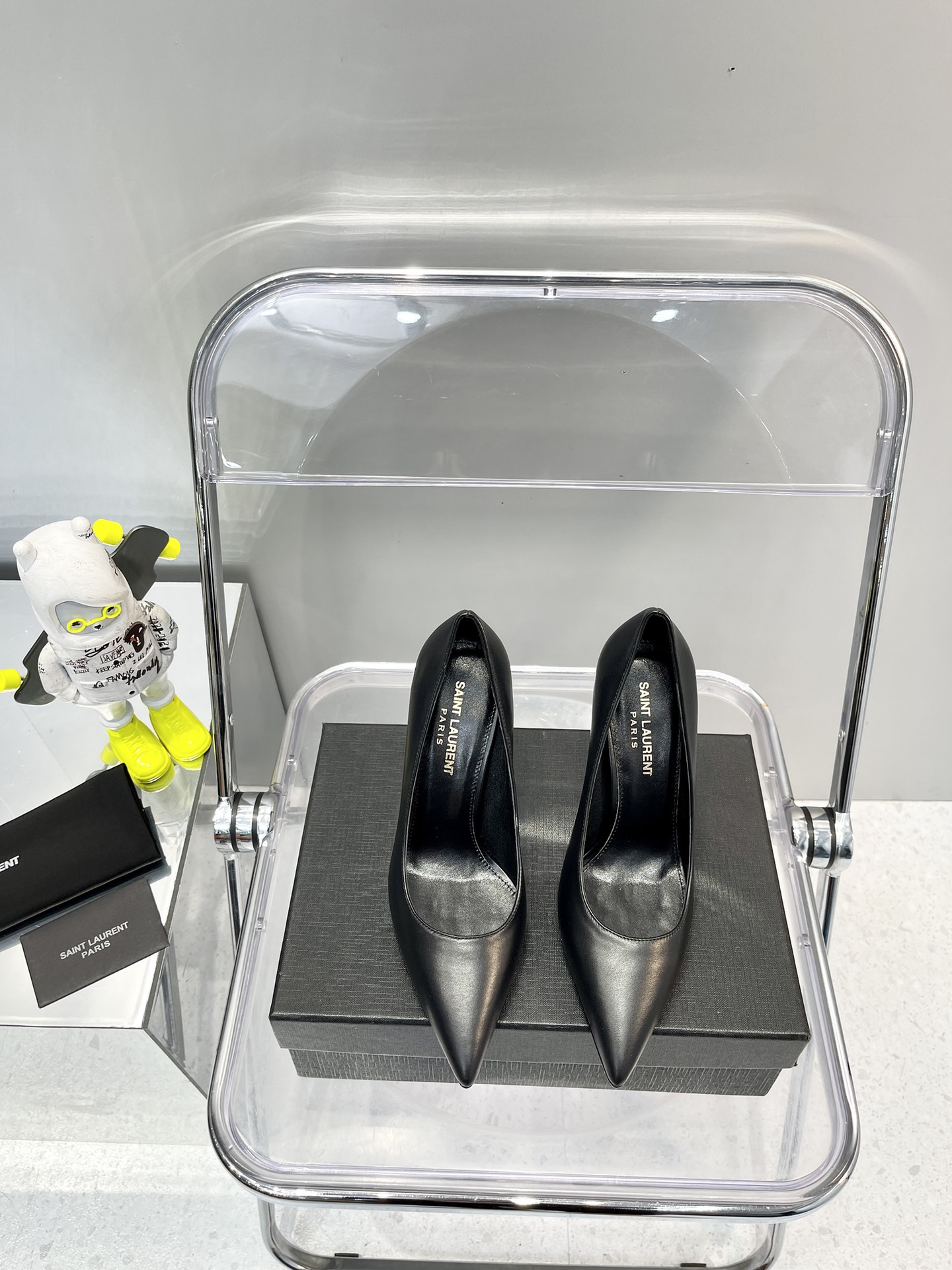 Yves Saint Laurent Shoes High Heel Pumps Black Calfskin Cowhide Genuine Leather Patent Sheepskin