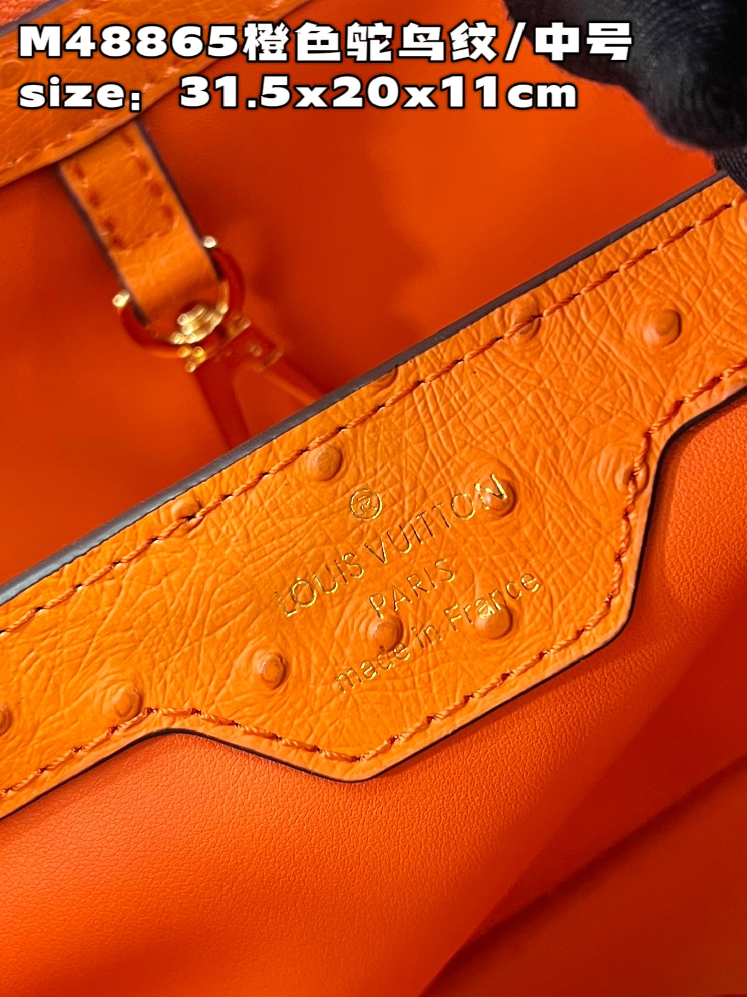 顶级原单M48865鸵鸟纹橙色中号CapucinesMM手袋法国进口小牛皮,闪亮的金属饰件,特有的Cap