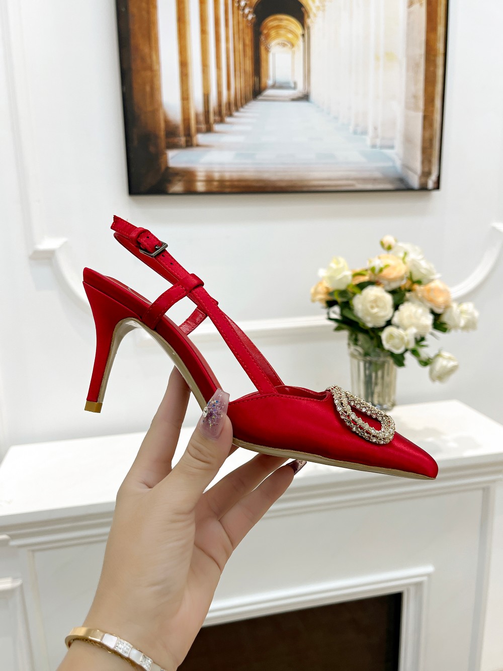 Valentino Women's Rhinestone-Embellished Slingback Heels in Red Silk 6 a1676478392330 4786