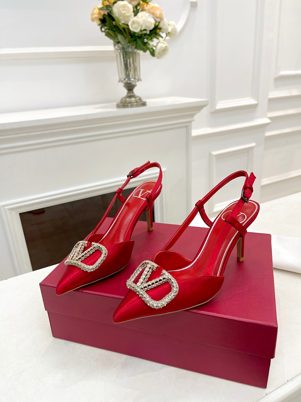Valentino Women's Rhinestone-Embellished Slingback Heels in Red Silk 5 a1676478395563 6086