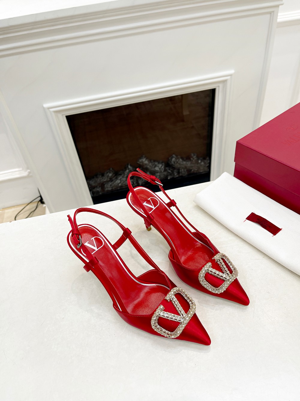 Valentino Women's Rhinestone-Embellished Slingback Heels in Red Silk 4 a1676478396166 8153