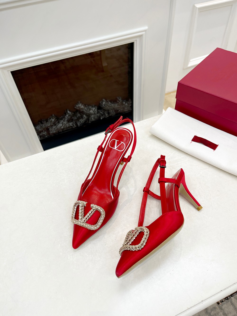 Valentino Women's Rhinestone-Embellished Slingback Heels in Red Silk 9 a1676478396808 2716