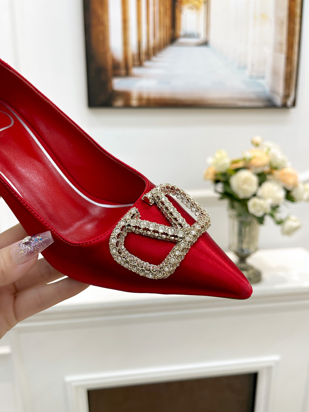 Valentino Women's Red Silk Pumps with Rhinestone Buckle - Elegant Style 6 a1676527774998 0038