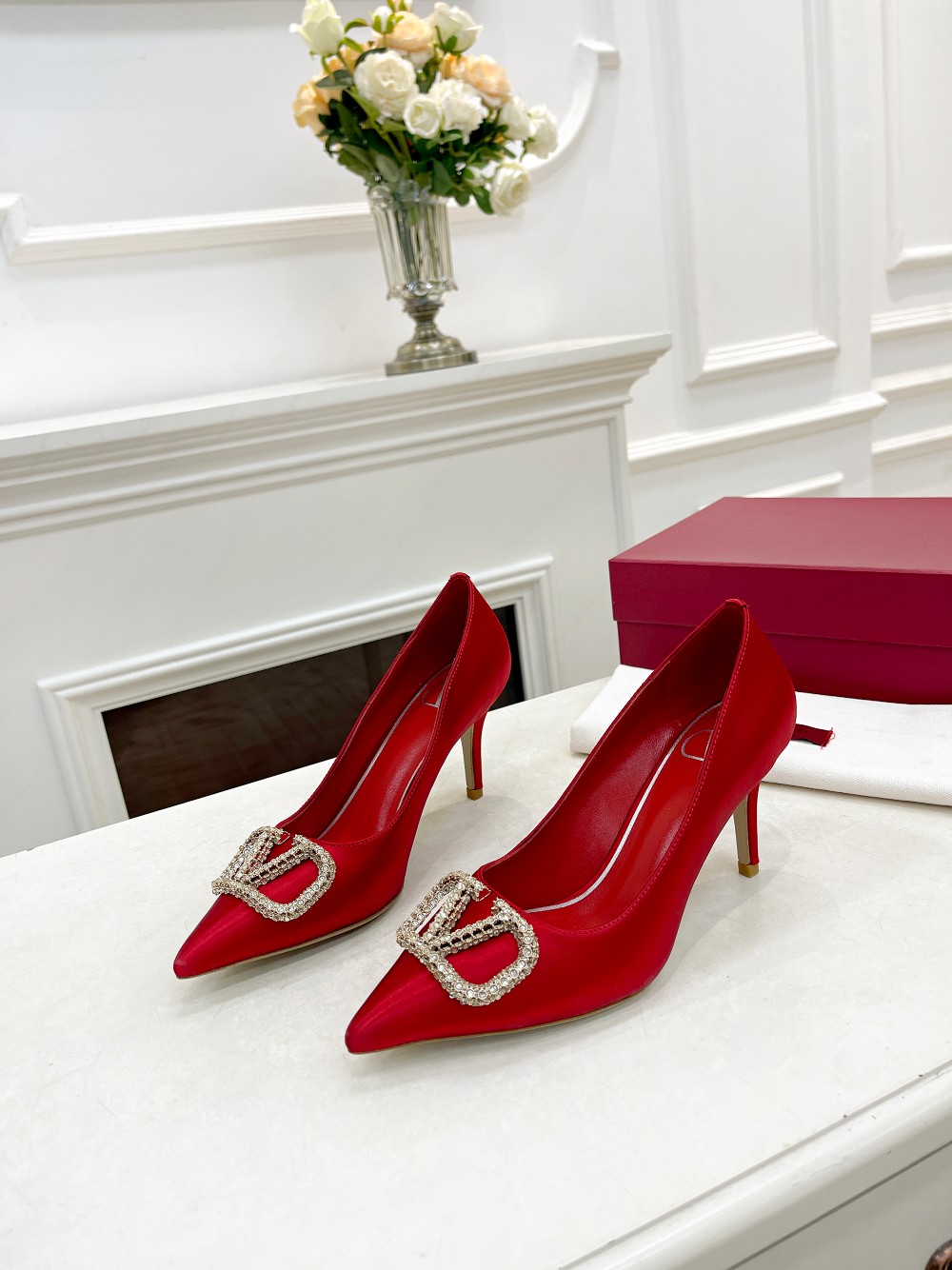 Valentino Women's Red Silk Pumps with Rhinestone Buckle - Elegant Style 7 a1676527775763 8733