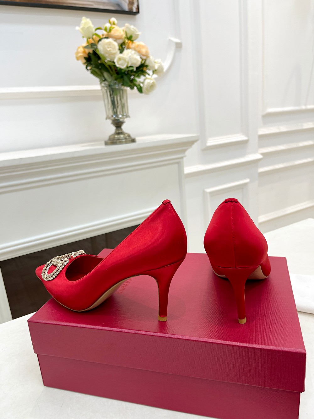 Valentino Women's Red Silk Pumps with Rhinestone Buckle - Elegant Style 10 a1676527780362 7007