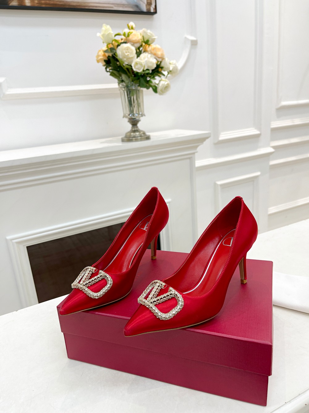Valentino Women's Red Silk Pumps with Rhinestone Buckle - Elegant Style 5 a1676527780990 4762