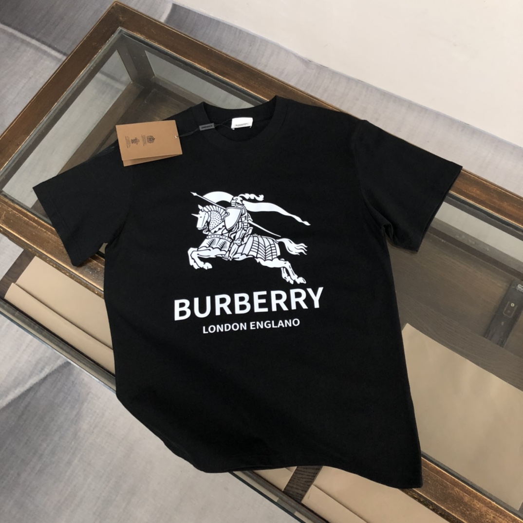 Burberry Clothing T-Shirt Black White Men Cotton Summer Collection Fashion Short Sleeve