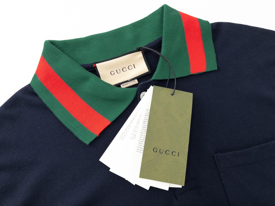 200 Gucci古奇 23SS 朱地面料260克 红绿条纹领刺绣双G短袖Polo衫