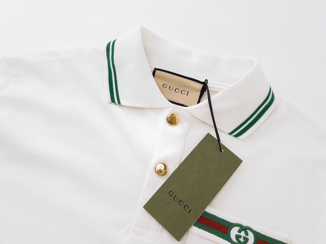 Gucci/古驰 23s新款胸口袋子刺绣polo 白色棉布