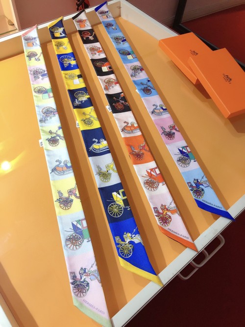Hermes Twilly Silk Scarf - 'Carriage Relay' Design, 5x86cm, Double-Sided 1 Hermes Twilly Silk Scarf - 'Carriage Relay' Design, 5x86cm, Double-Sided