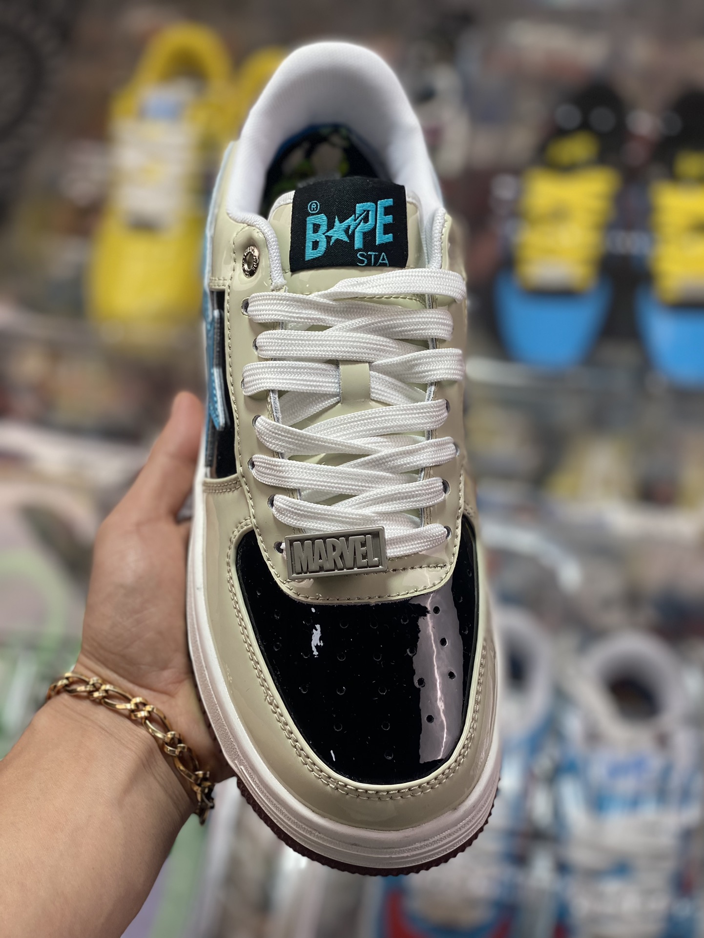 Bathing Ape BAPE Sta Low Flashing Star Series Low-top Sneakers ”Patent Leather Beige Black Brown Blue Rocket Raccoon” 001FW-I731-906