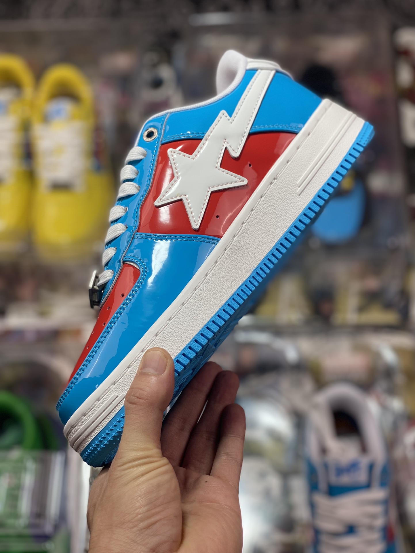 Bathing Ape BAPE Sta Low Flashing Star Series Low-top Sneakers ”Patent Leather Sky Blue Red and White Beauty Team” 001FW-I731-903