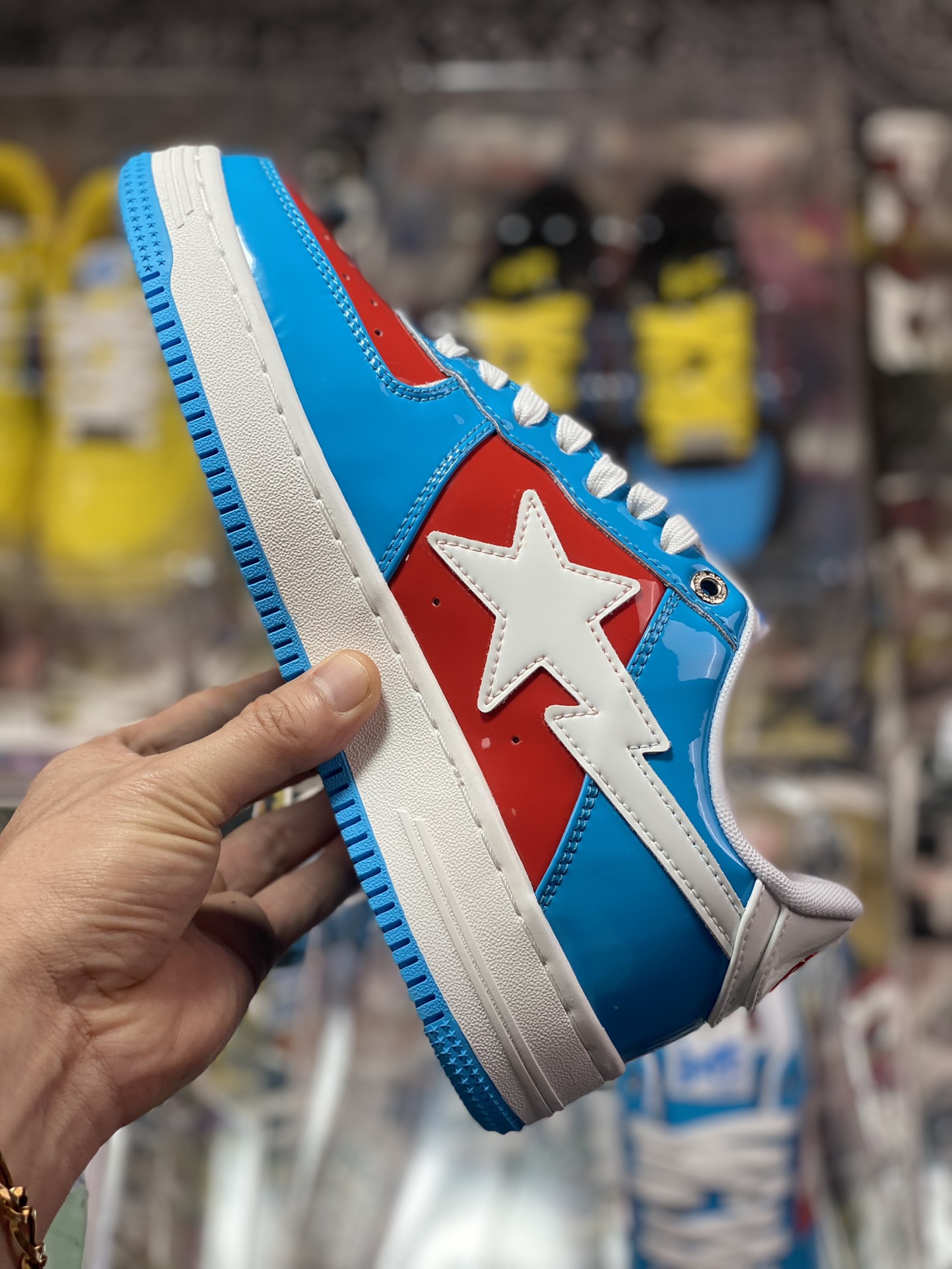 Bathing Ape BAPE Sta Low Flashing Star Series Low-top Sneakers ”Patent Leather Sky Blue Red and White Beauty Team” 001FW-I731-903