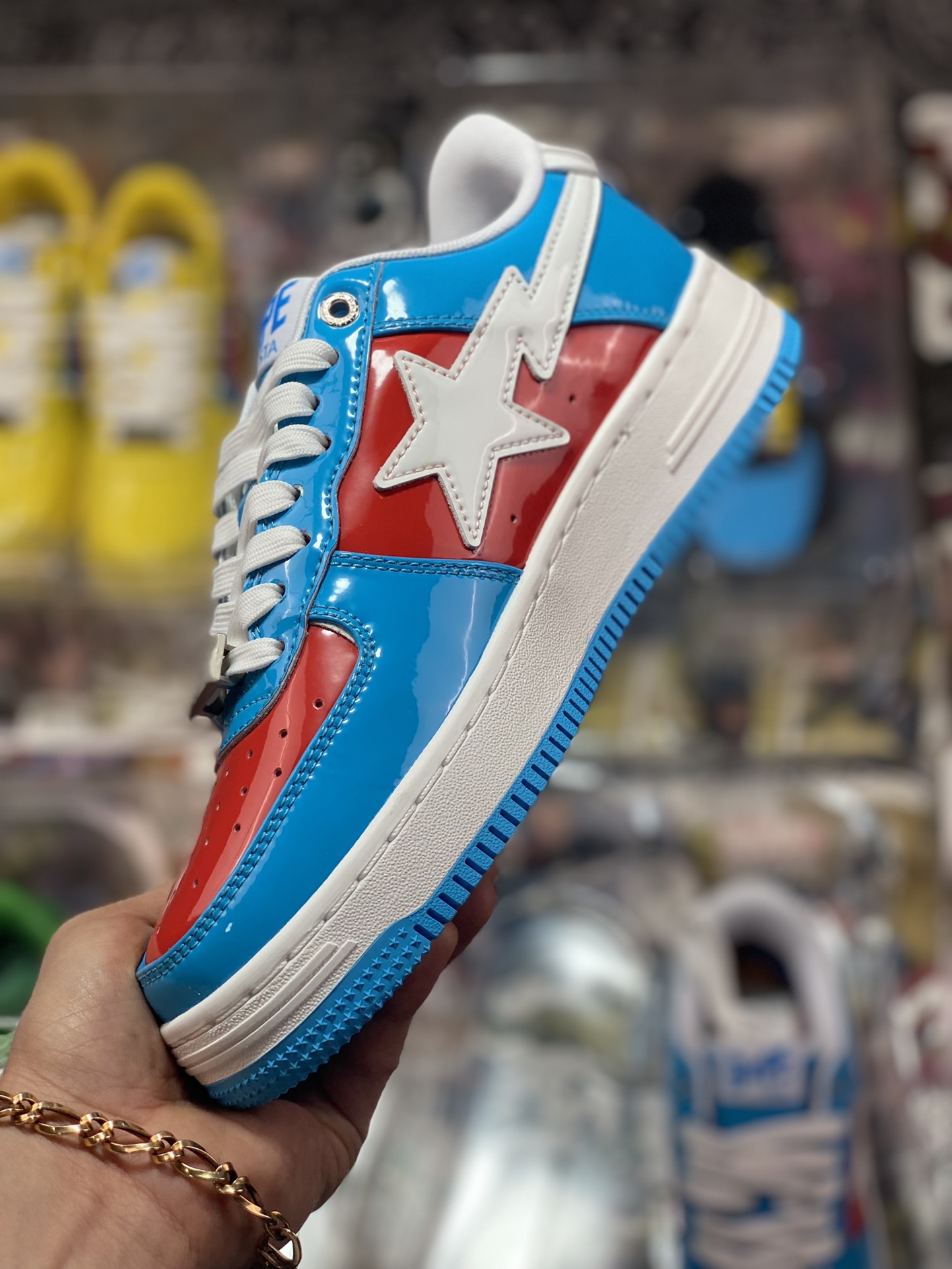 Bathing Ape BAPE Sta Low Flashing Star Series Low-top Sneakers ”Patent Leather Sky Blue Red and White Beauty Team” 001FW-I731-903