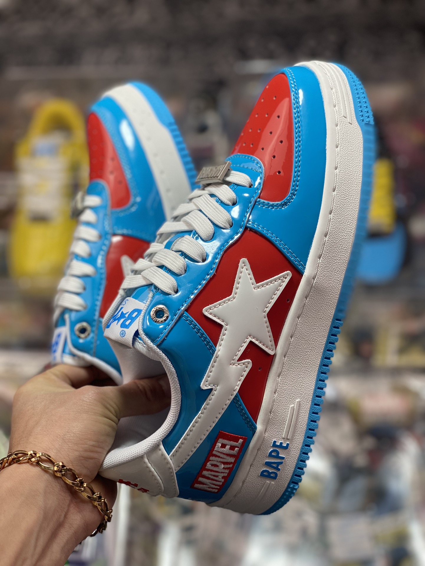 Bathing Ape BAPE Sta Low Flashing Star Series Low-top Sneakers ”Patent Leather Sky Blue Red and White Beauty Team” 001FW-I731-903