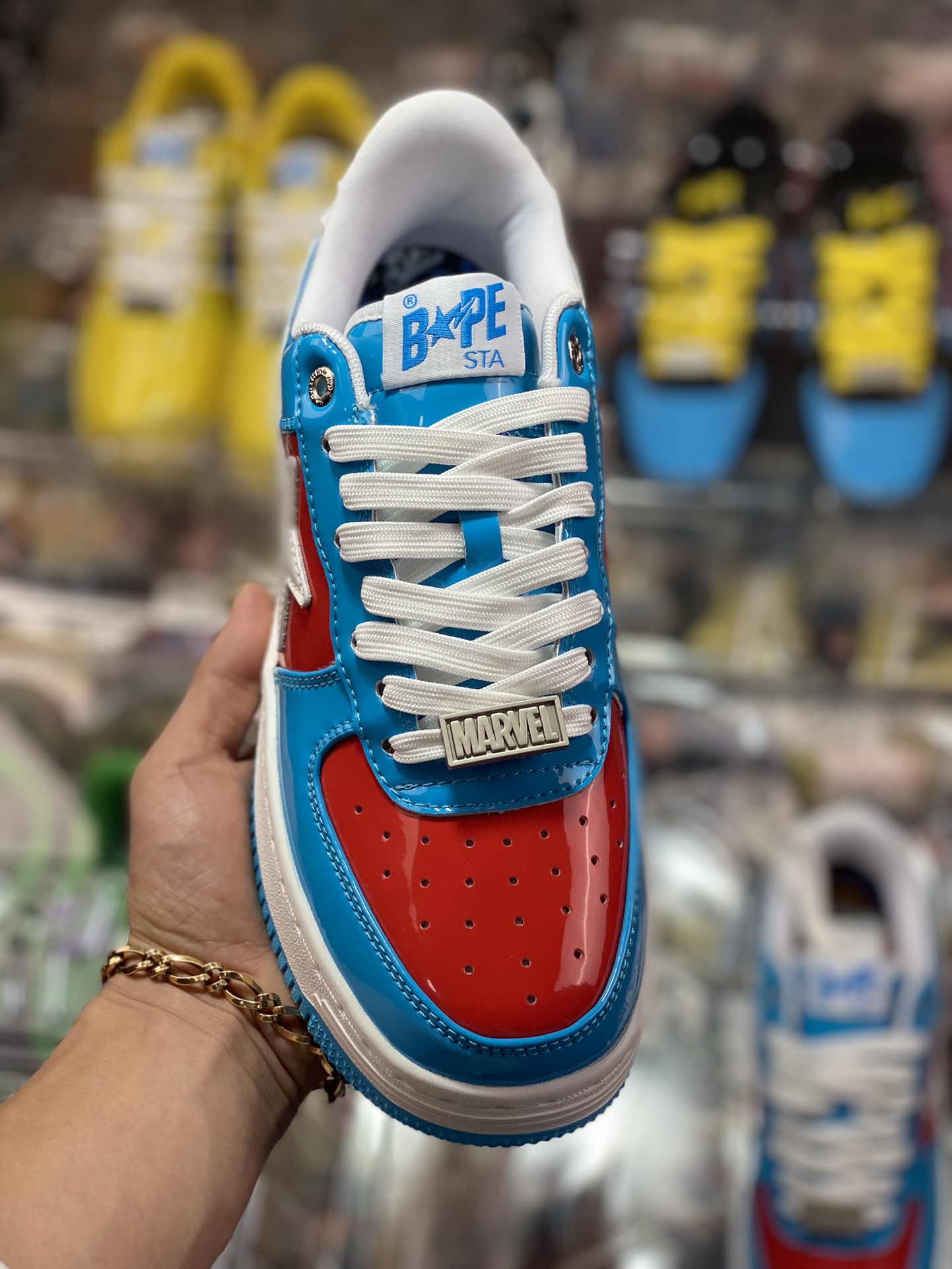 Bathing Ape BAPE Sta Low Flashing Star Series Low-top Sneakers ”Patent Leather Sky Blue Red and White Beauty Team” 001FW-I731-903