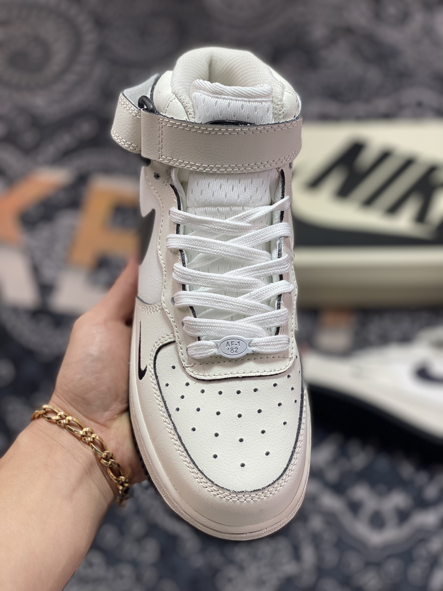 Nike Air Force 1 '07 Mid ”Milky White/Chameleon Mini Swoosh” Air Force 1 sneakers ”Leather Beige Black Chameleon Small Hook” FB1869-066