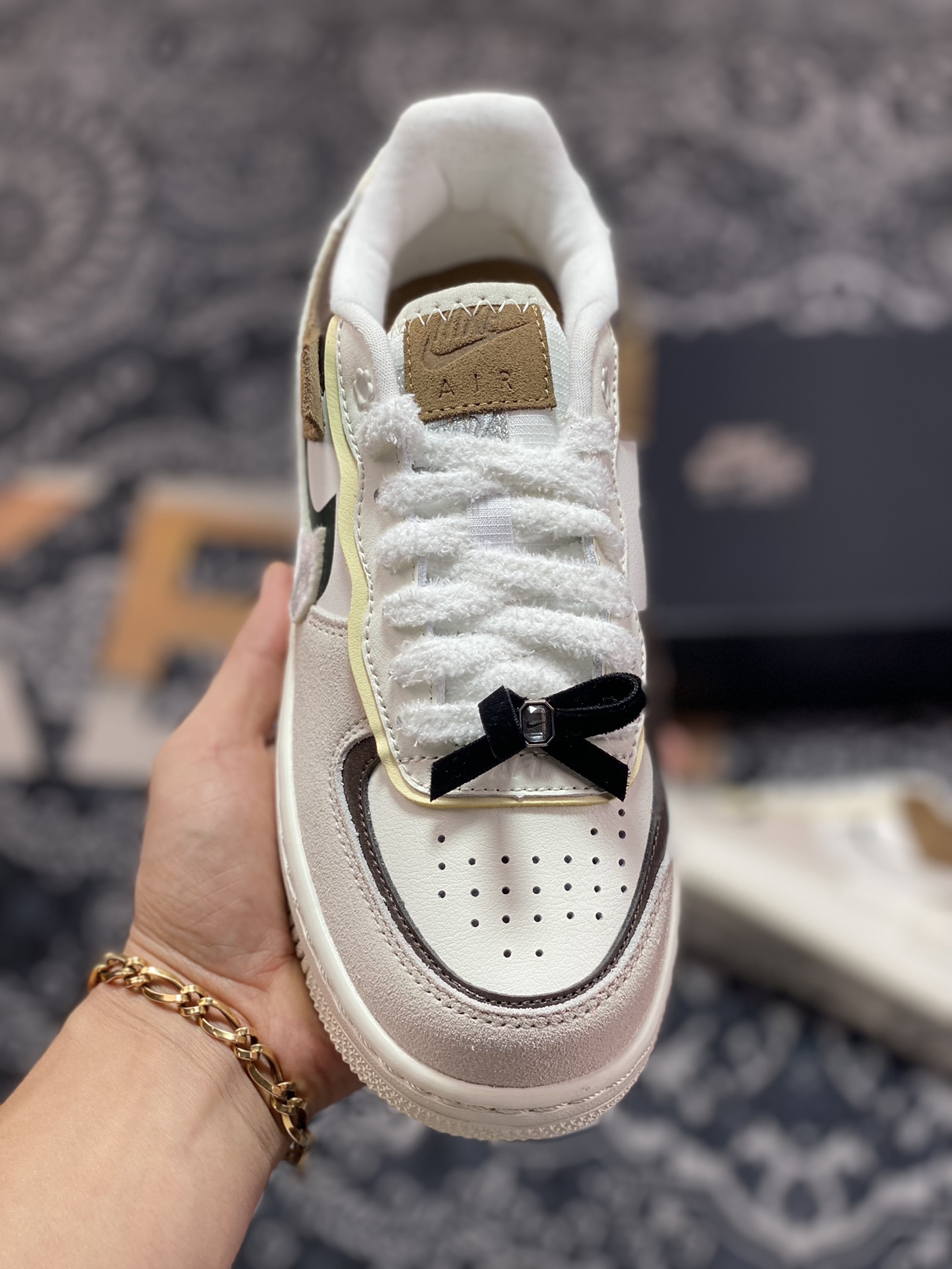 200 Nike WMNS Air Force 1 Shadow”Black Bow”板鞋“白灰棕蝴蝶结”FB1857-111