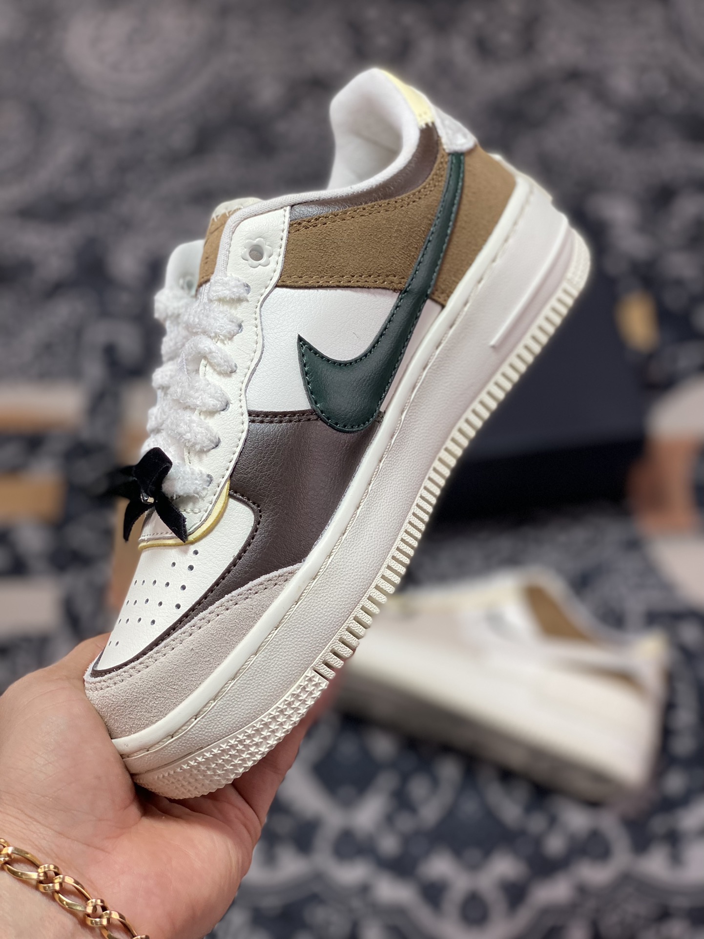 200 Nike WMNS Air Force 1 Shadow”Black Bow”板鞋“白灰棕蝴蝶结”FB1857-111