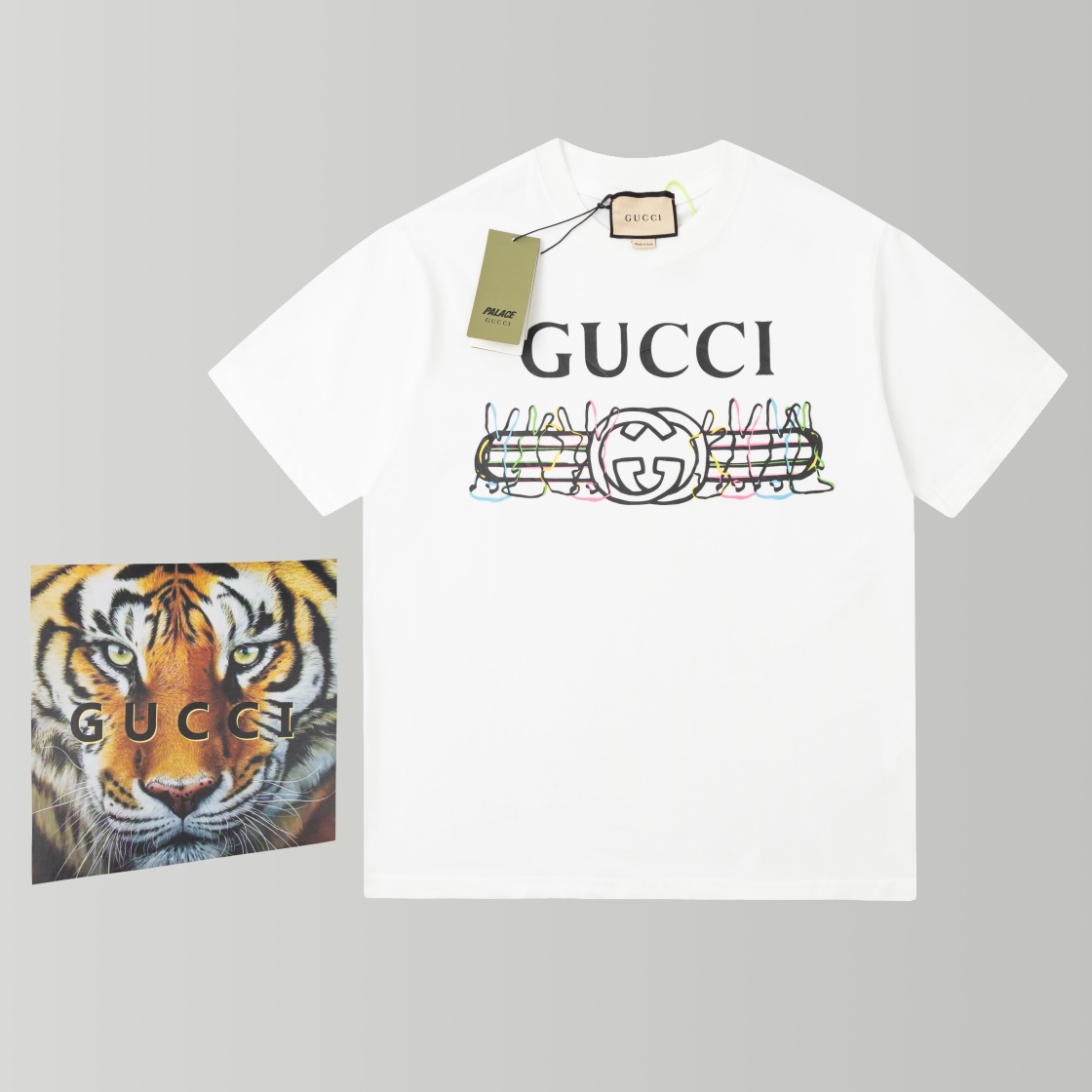 Edición de caja de regalo Nº de modelo 105-2 Tallas XS-S-M-L Unisex. Gucci 2023ss última camiseta de graffiti con estam…
