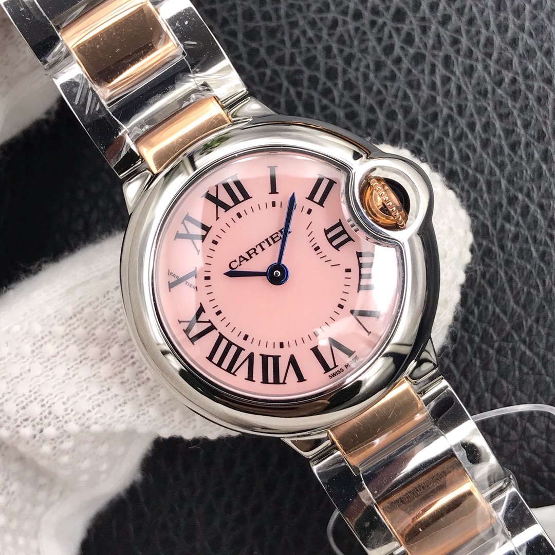 Cartier aF蓝气球系列石英女表,直径28mm.瑞士石英机芯，全精钢材质，防刮花蓝宝石水晶镜面，间金 粉贝壳面
